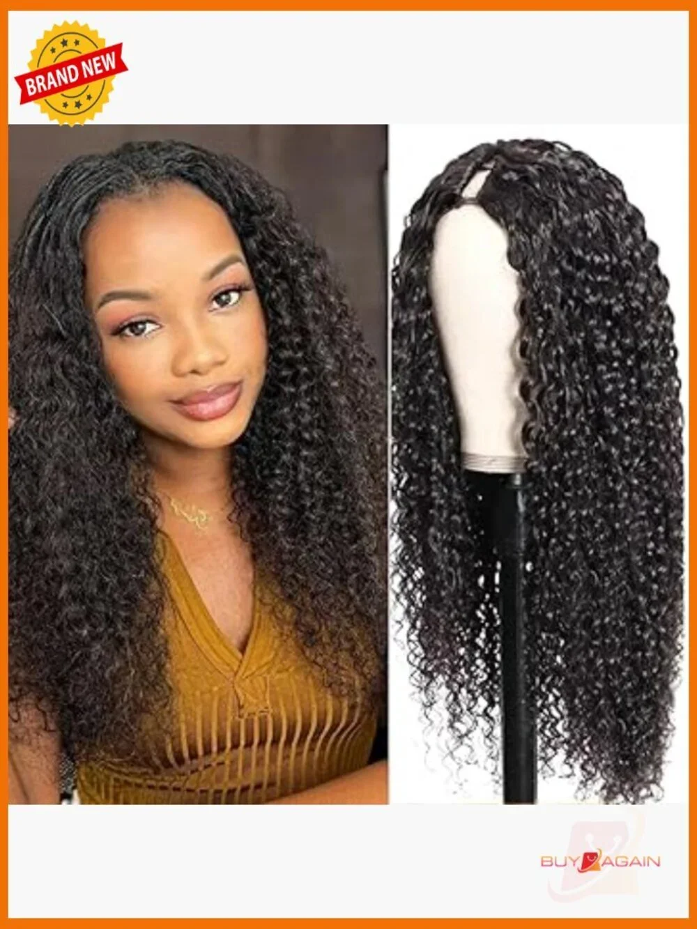 V Part Curly Wig Human Hair 180% Density Glueless Wear and Go Half Wig 16in